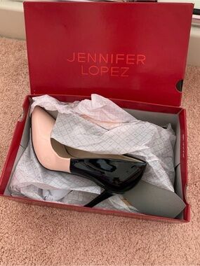 Jennifer Lopez Two-Tone Black and Pale Pink Patent Stiletto Pumps